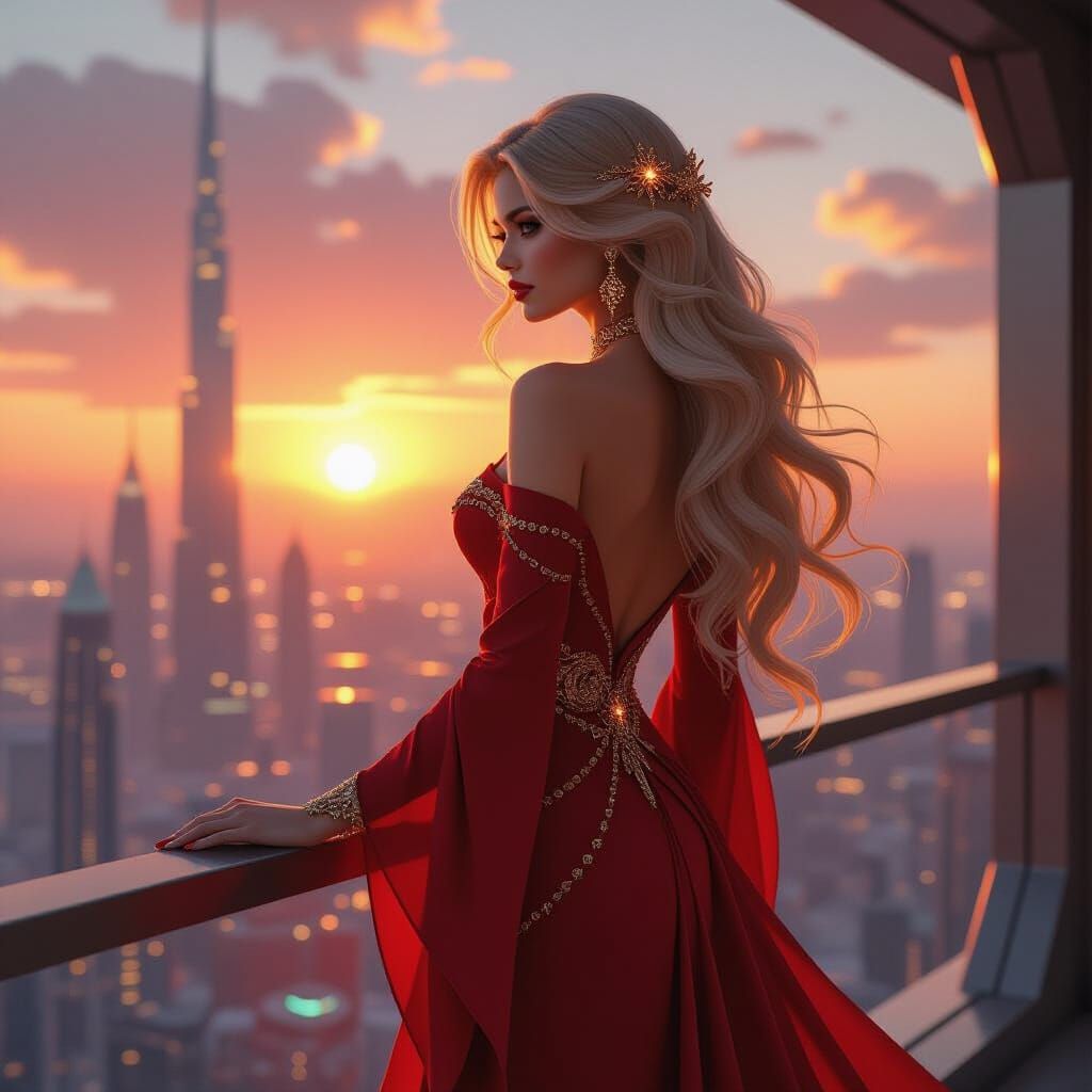 Futuristic Woman with Celestial Jewelry in Cityscape