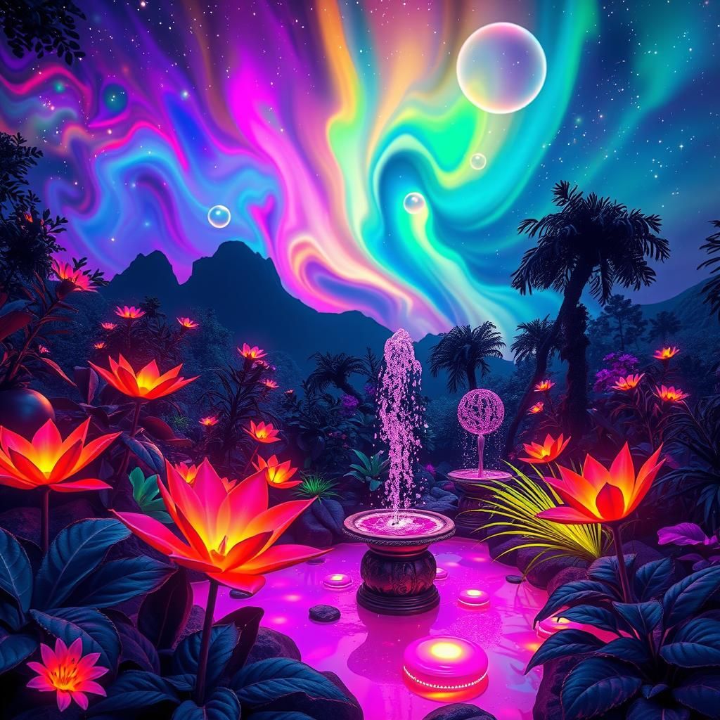 Bioluminescent Garden with Rainbow Aurora Sky