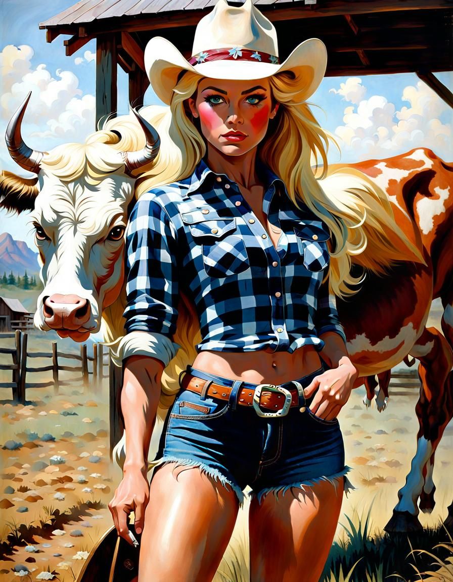 Cowgirl and Bull Portrait in Watercolor Style