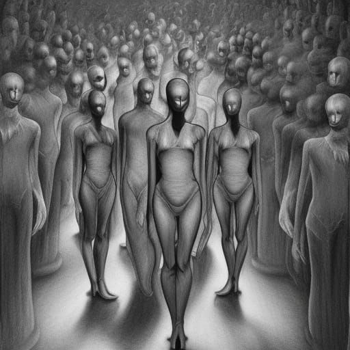 Creepy Mannequin Ghosts in Hyperdetailed Charcoal Drawing