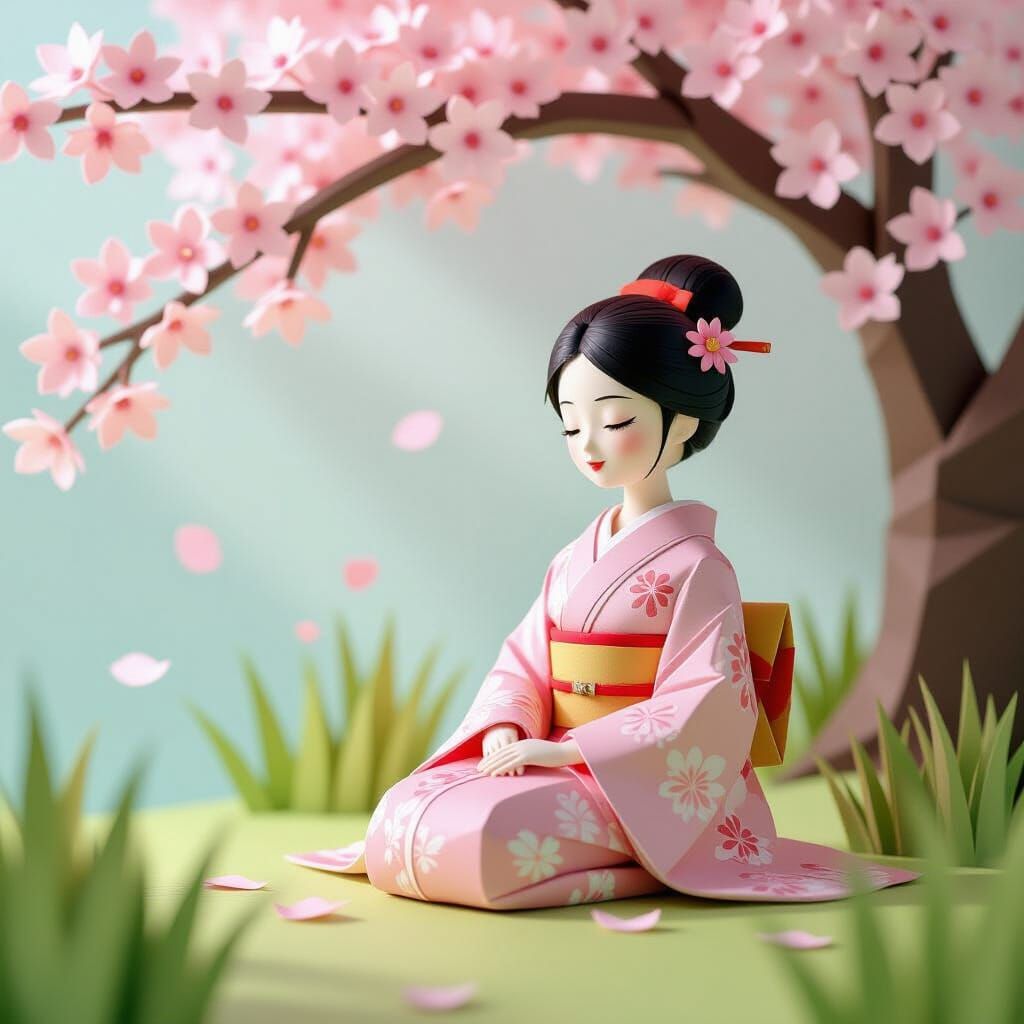 Origami Girl Under Cherry Blossoms in Pastel Tones