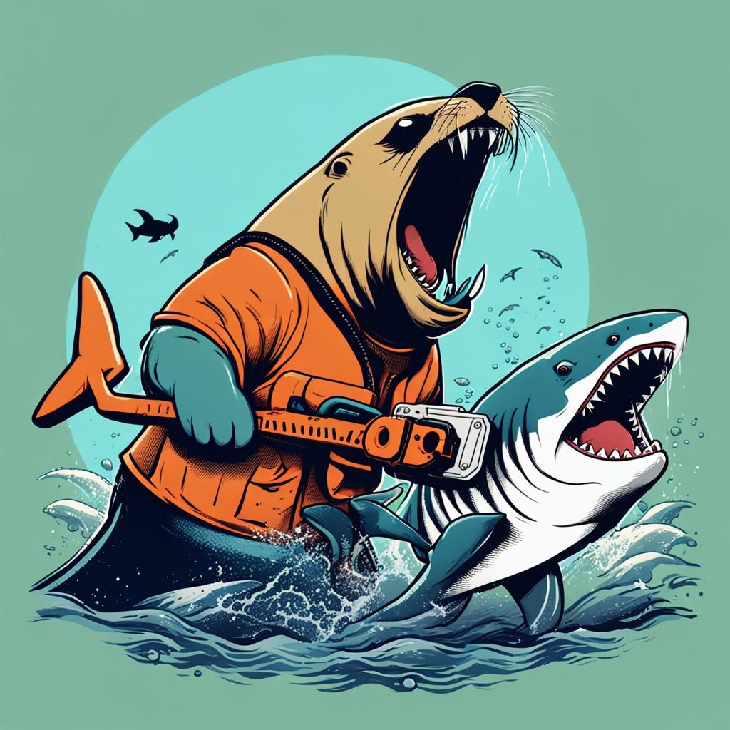 Sea Lion Yelling at Shark with Chainsaw