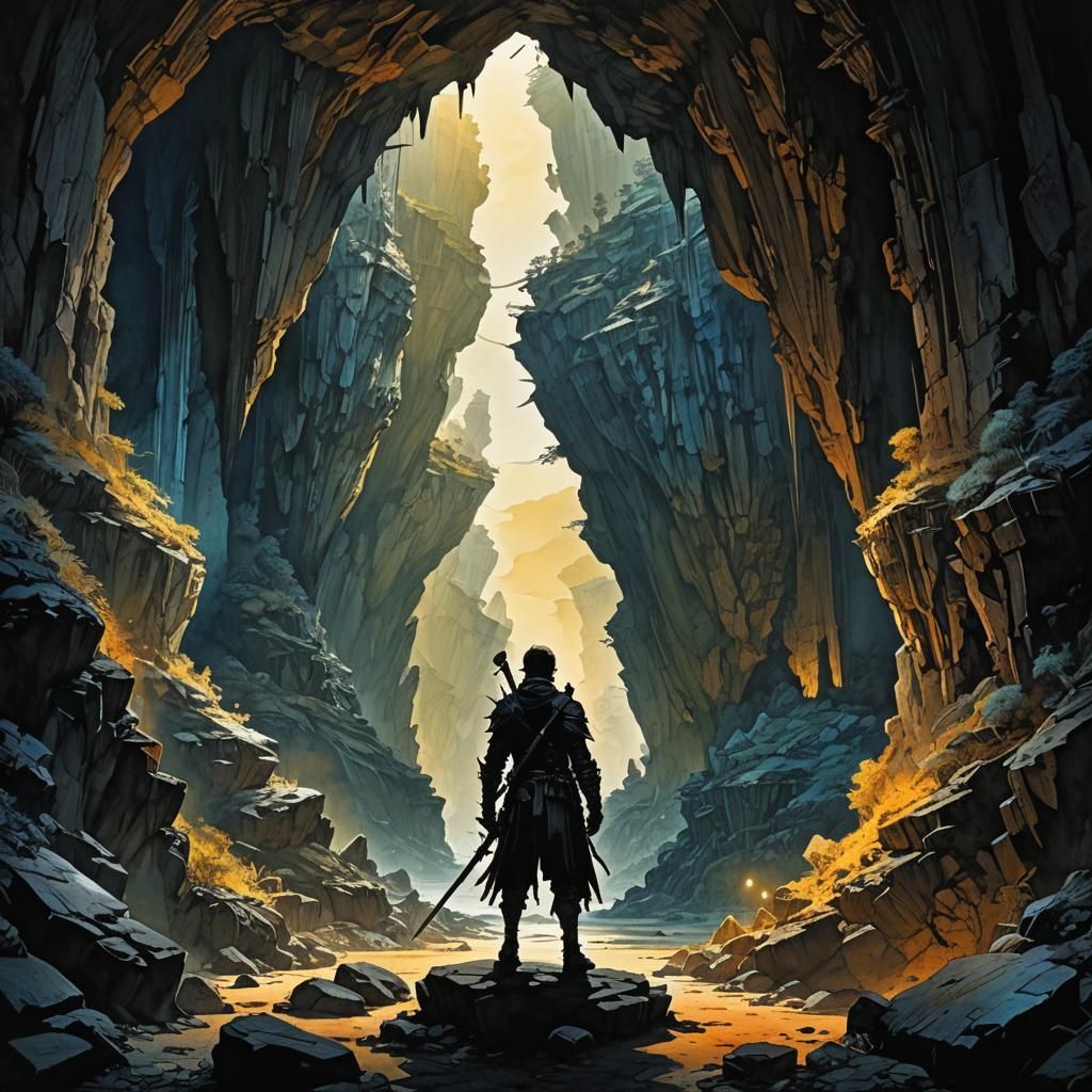 Fantasy Adventurer Silhouette at Cavern Entrance