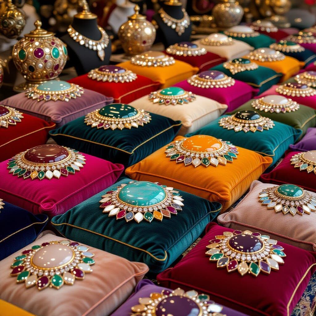 Vast Collection of Semi Precious Jewels Displayed on Cushion...
