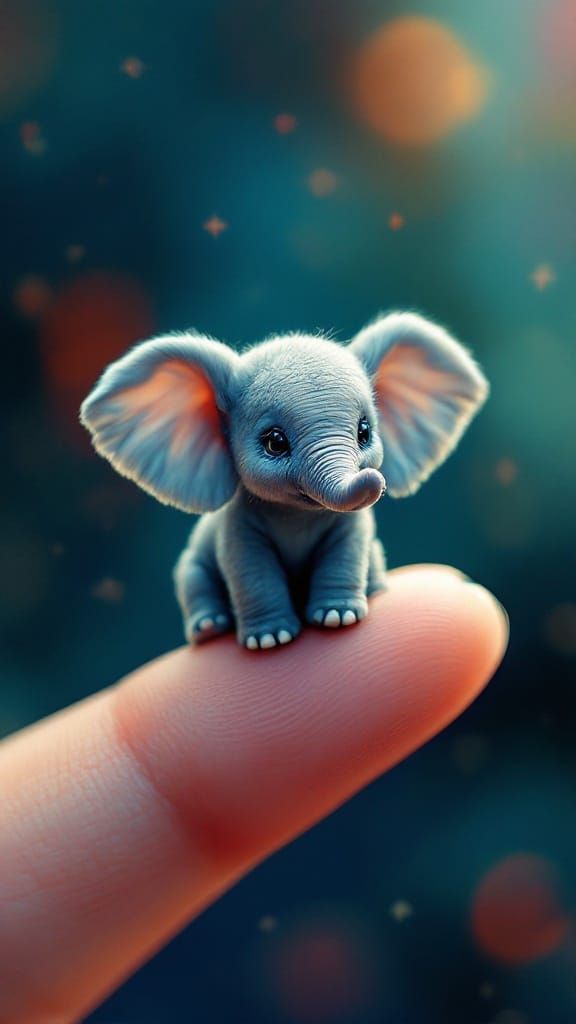 Tiny Baby Elephant on a Lady's Finger in Hyperrealistic Styl...