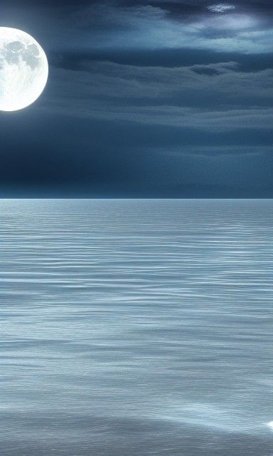 Large incredibly detailed rendering of one full moon rising over sea. photorealistic, 8K resolution, photorealism photor...