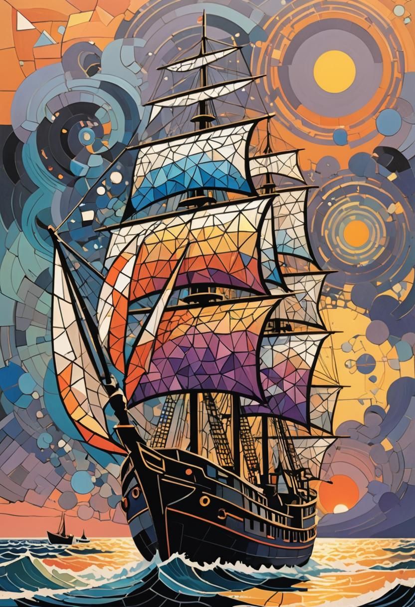 Geometric Sailboat on Sunset Ocean in Cubist Style