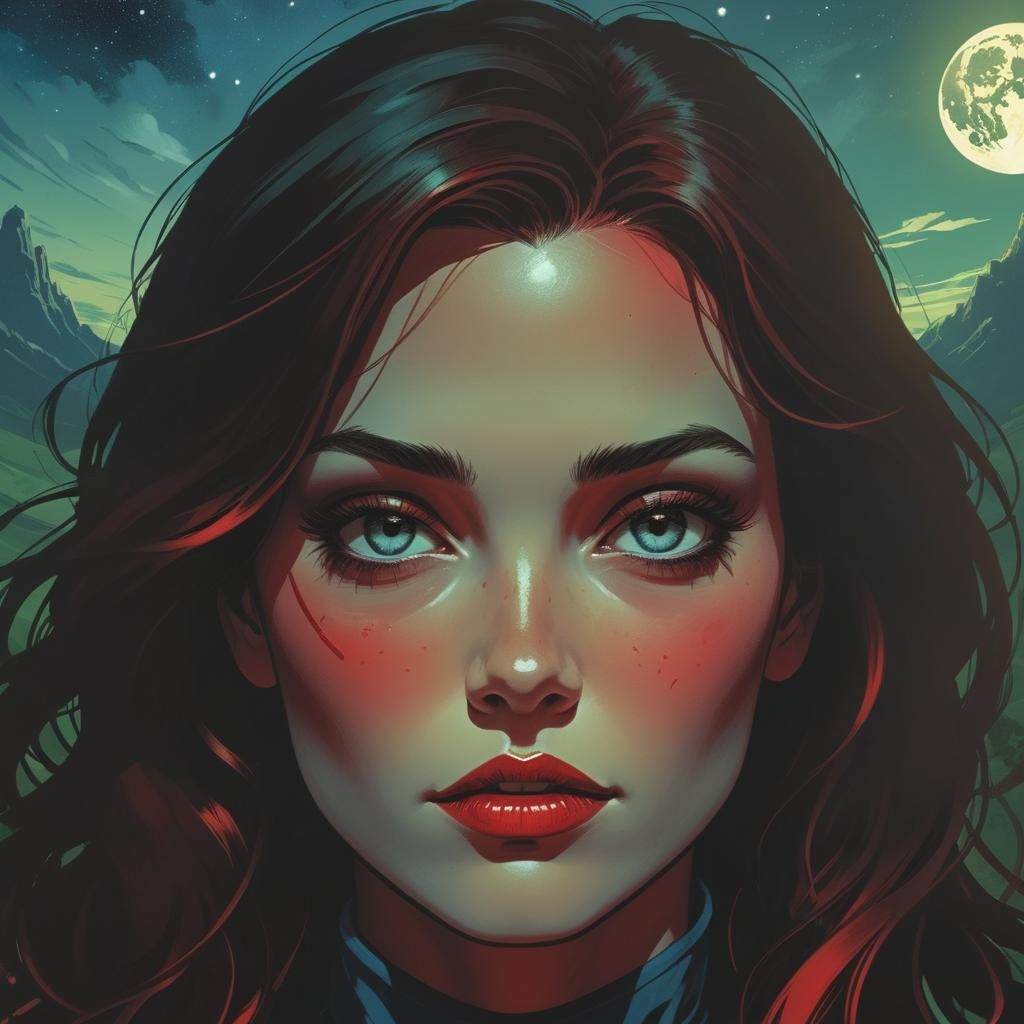 Gorgeous Woman with Red Sky, Comic Book Art