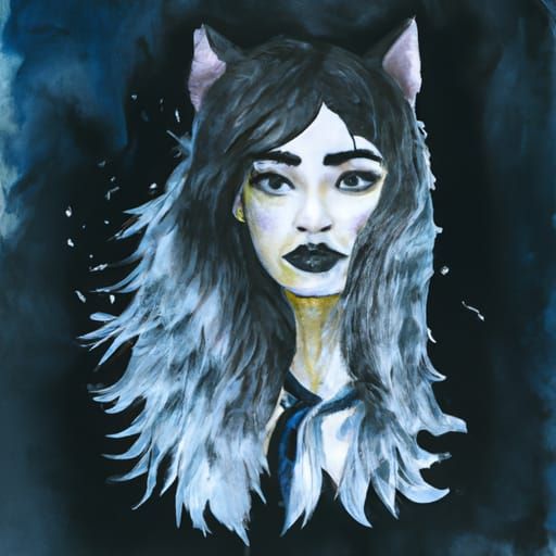 Watercolor Wolf Girl Portrait in Dark Fantasy