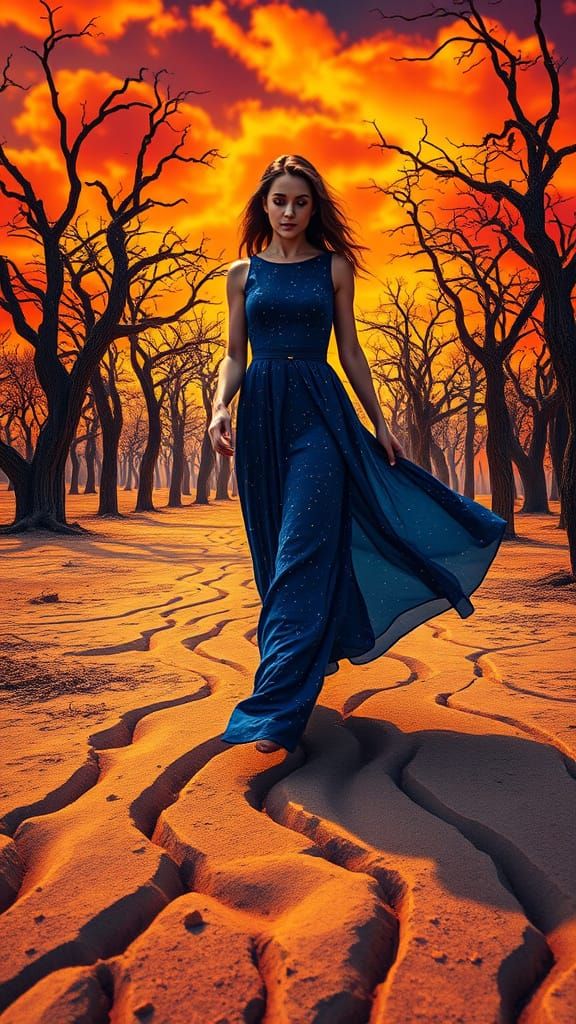 Serene Wanderer in a Vibrant, Star-Embroidered Desert