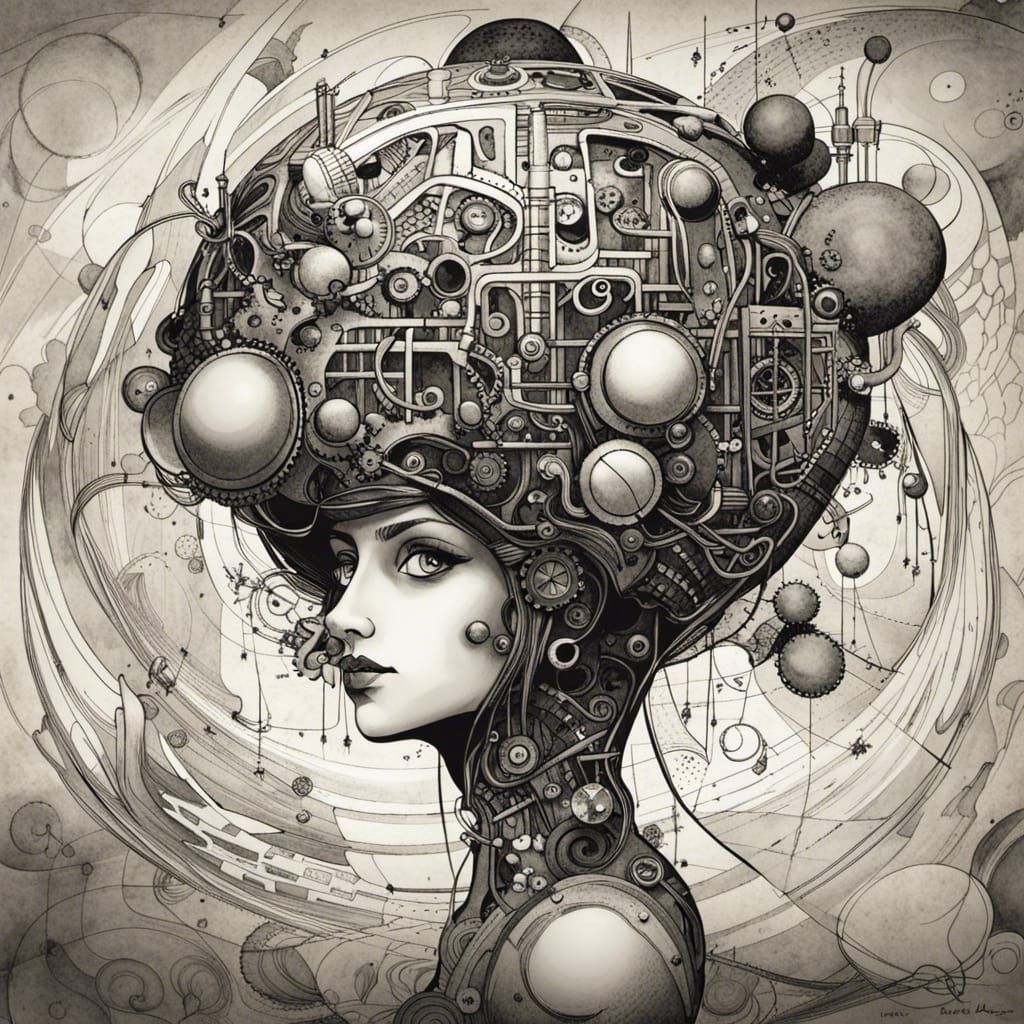 Falaboola, Queen of Leptons: Steampunk Sumi-e Art