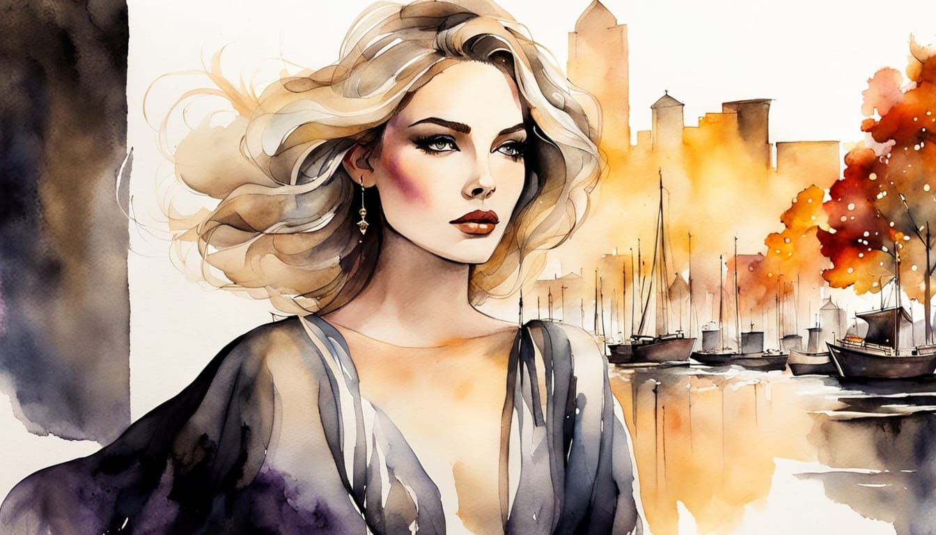 Ethereal Woman of Clouds & Stardust in Watercolor Ink Style