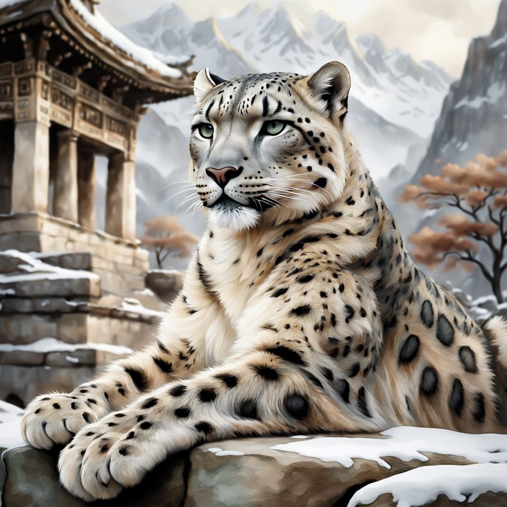 Serene Snow Leopard in Watercolor Earthtones