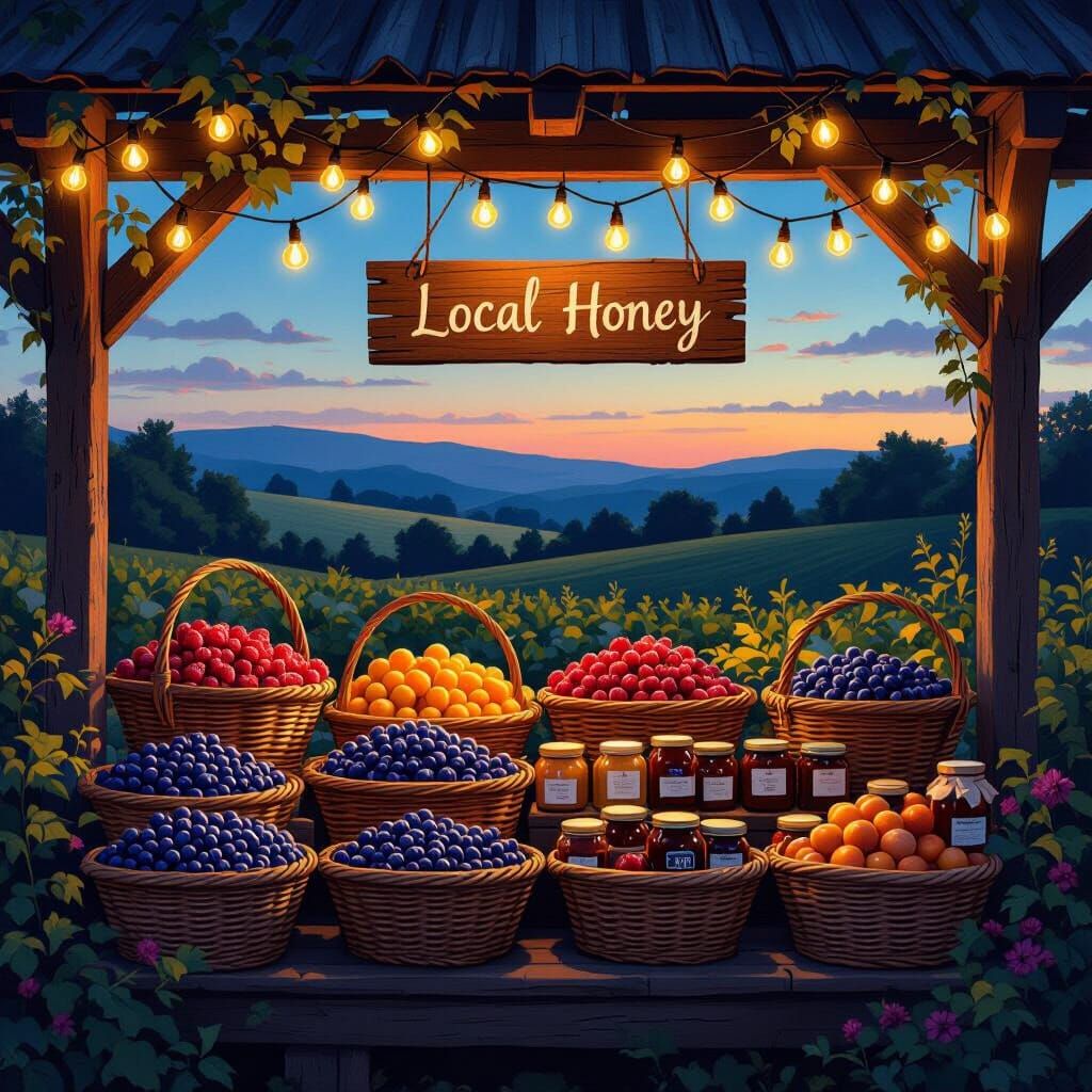 Enchanting Farmstand at Dusk: Cozy Fantasy Art