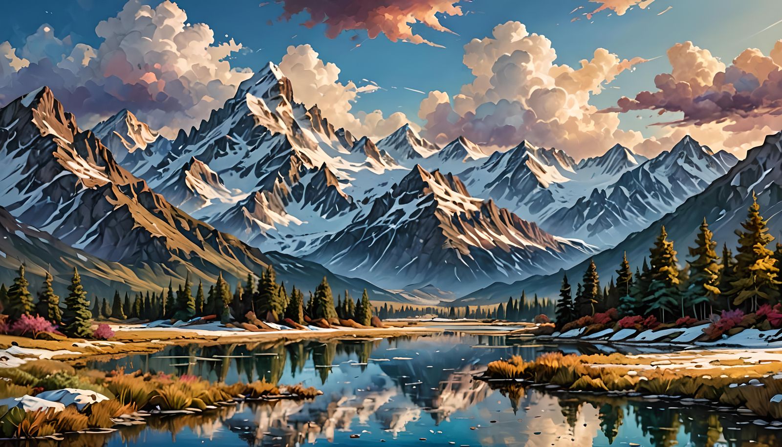 Snowy Mountain Range in Impasto Style