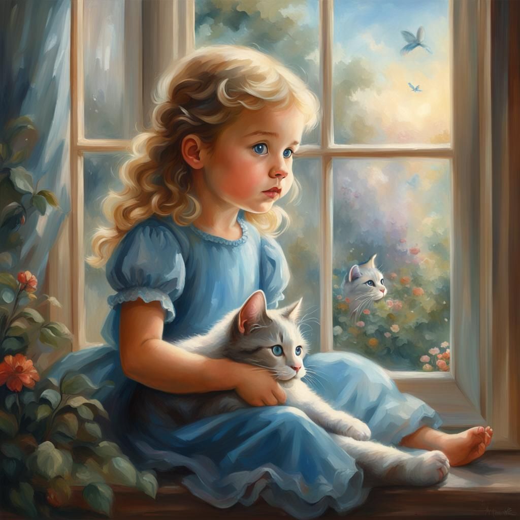 Toddler Girl and Cat: Ethereal Oil Painting