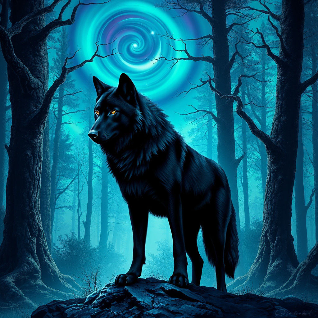 Black Wolf Under Aurora Borealis: Fantasy Concept Art