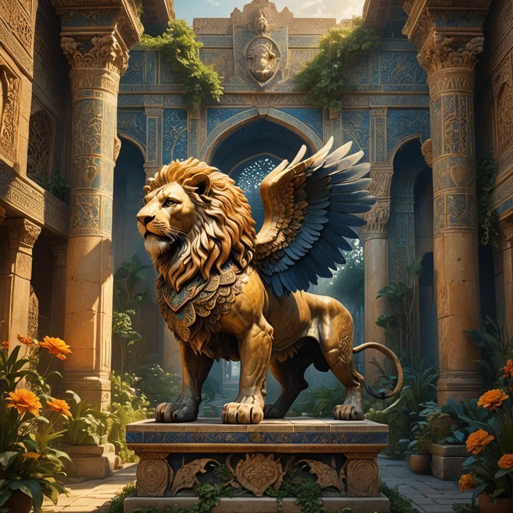 Regal Winged Lion in Ancient Persian Landscape