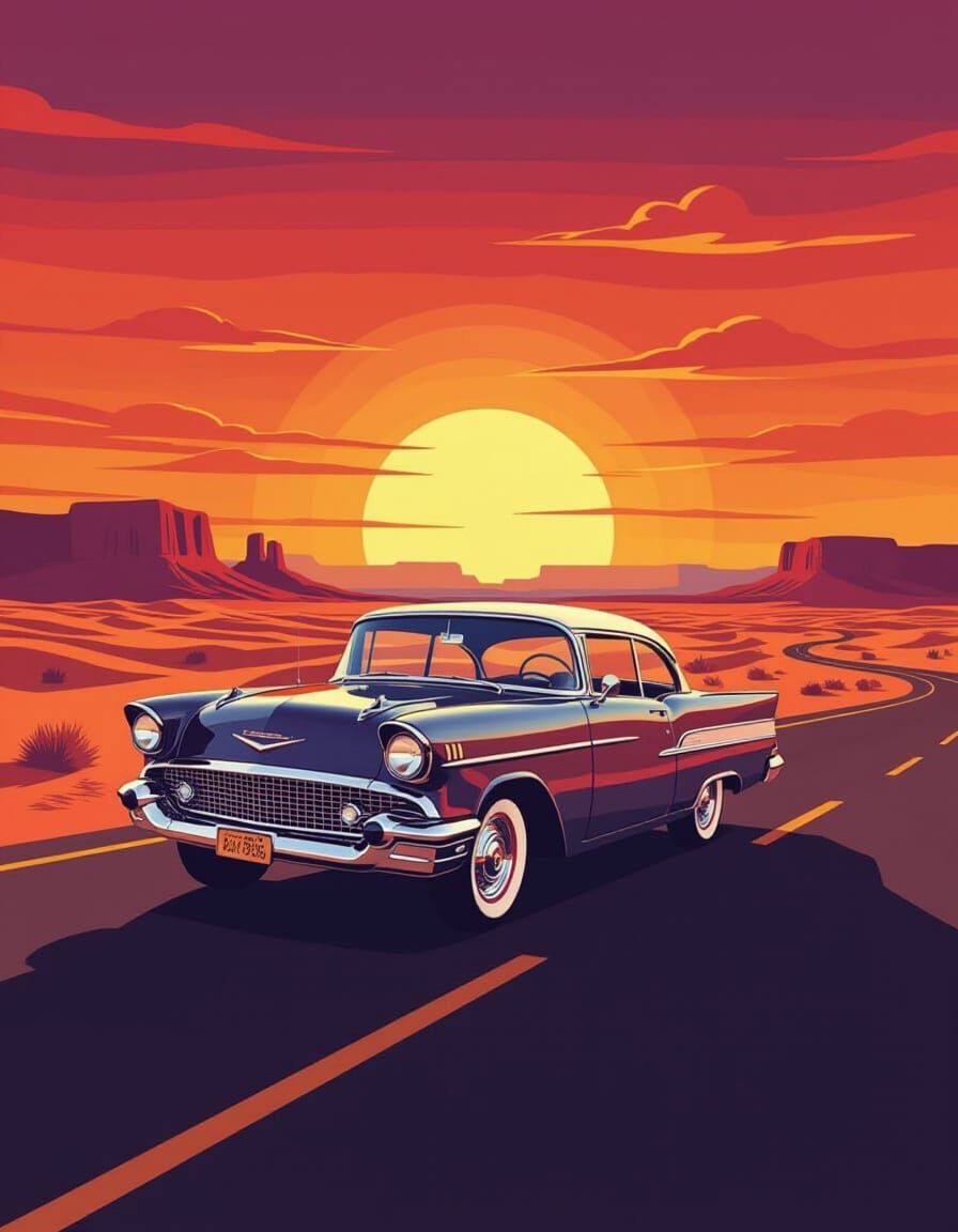1950s Car on Desert Highway at Sunset in Minimalist Style