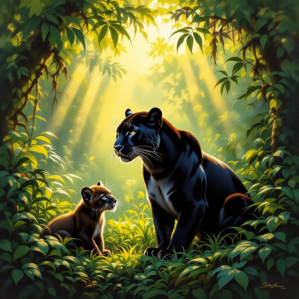 Mother Panther and Cub in Sunlit Jungle Clearing