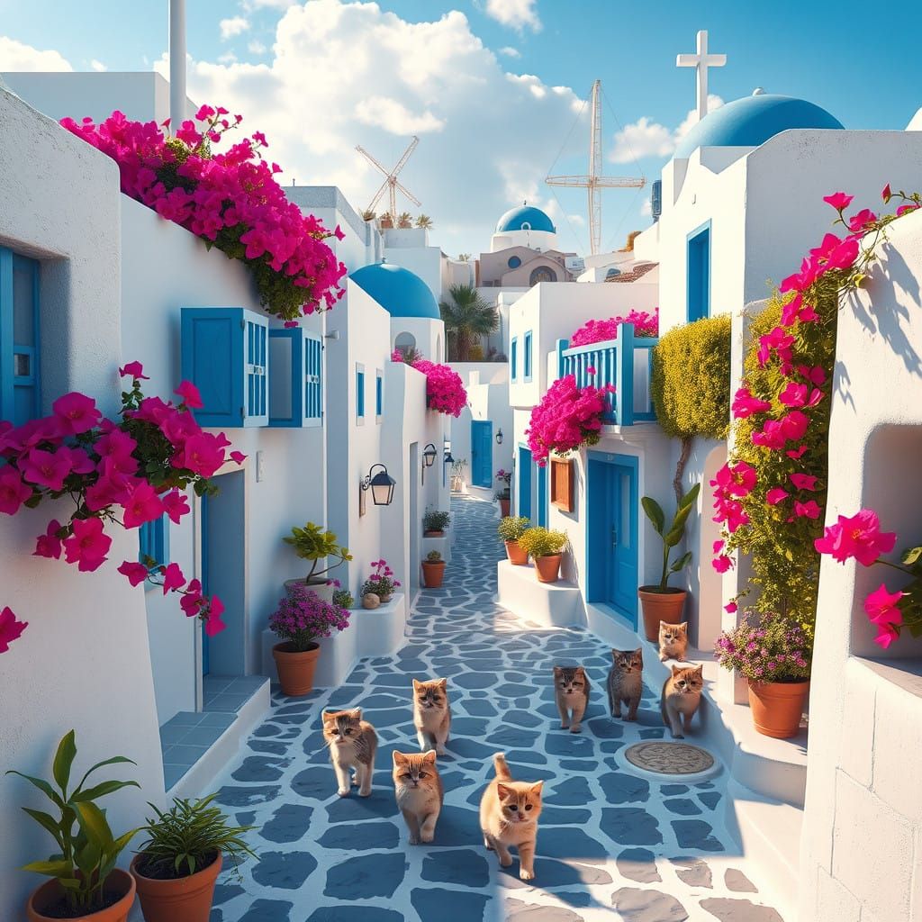Whimsical Santorini Village with Frolicking Kittens in Vibra...