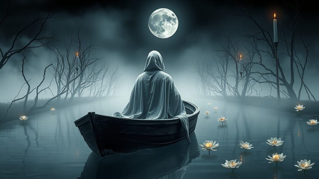 Ethereal Ghost Lost in Contemplation on a Foggy, Moonlit Riv...