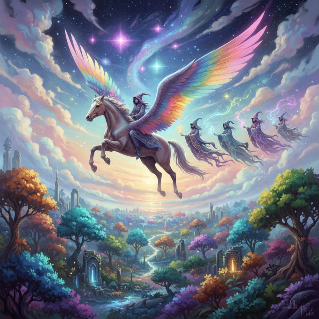 Pegasus Flight with Witches in Ethereal Forest