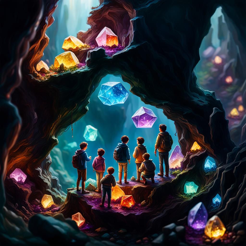 Sparkly Mineral Cave with Children: Tilt-Shift Illustration