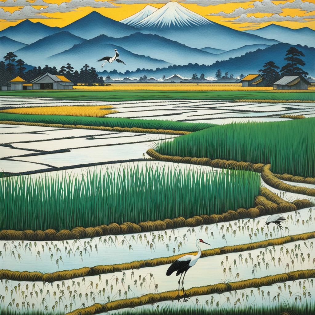 Crane Watching Rice Harvest in Hiroshige Style
