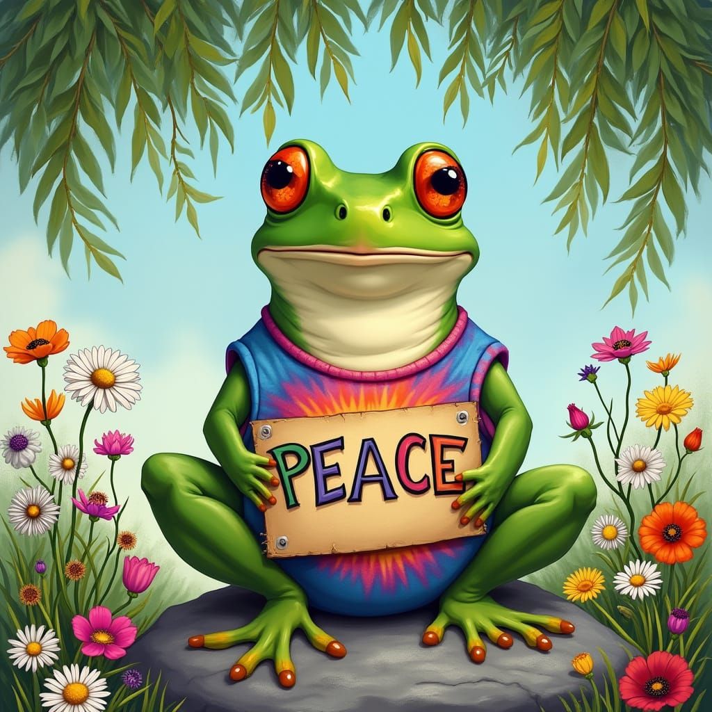 Smiling Frog Spreads Peace Among Colorful Flowers