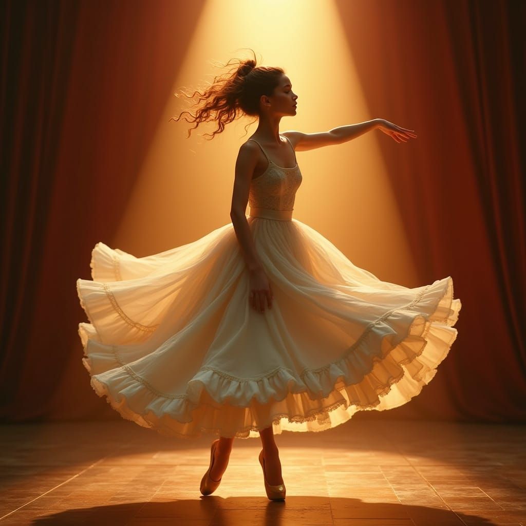 Surreal Ballerina Dances on Golden Stage