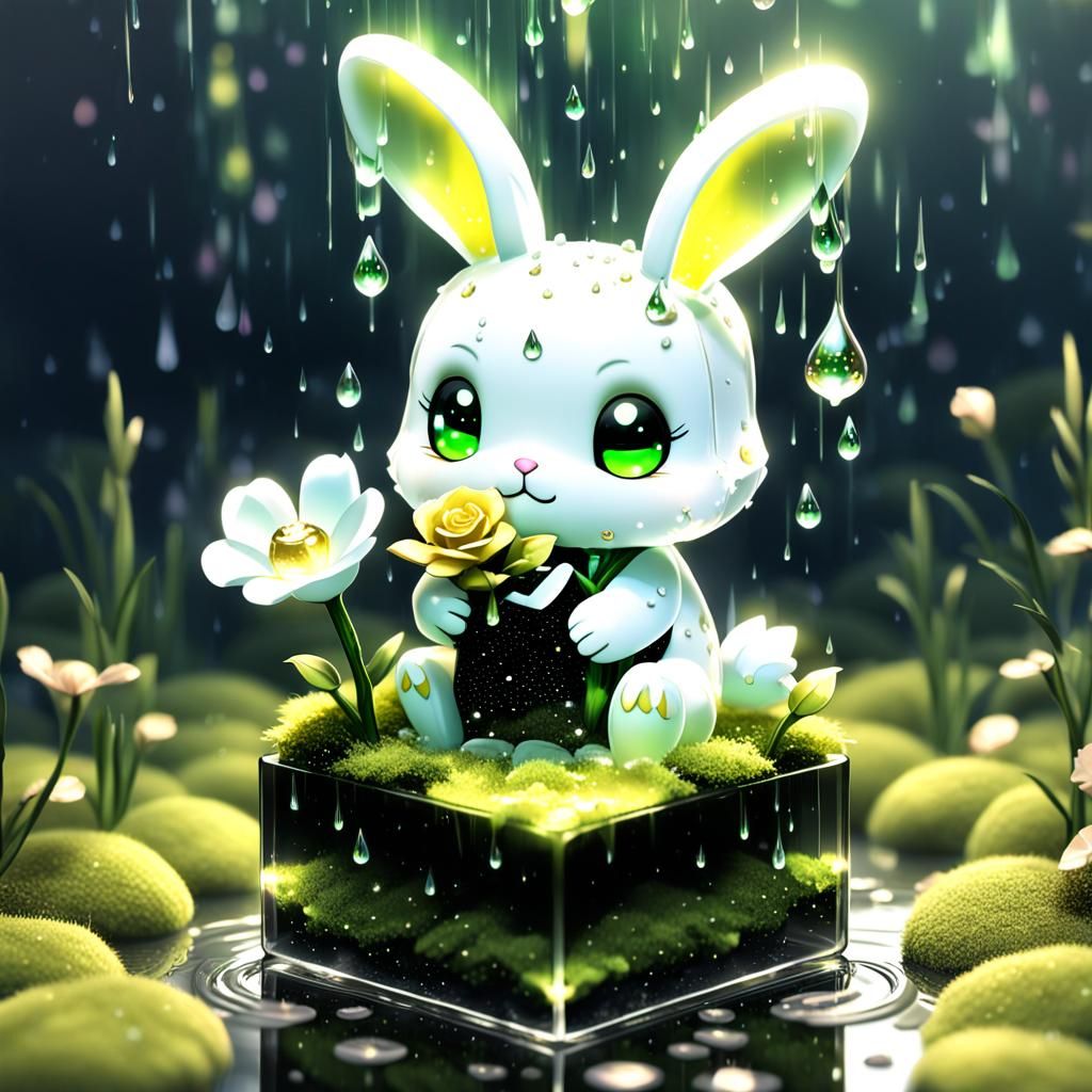 Opalescent Chibi Bunny in Glowing Rose Cube