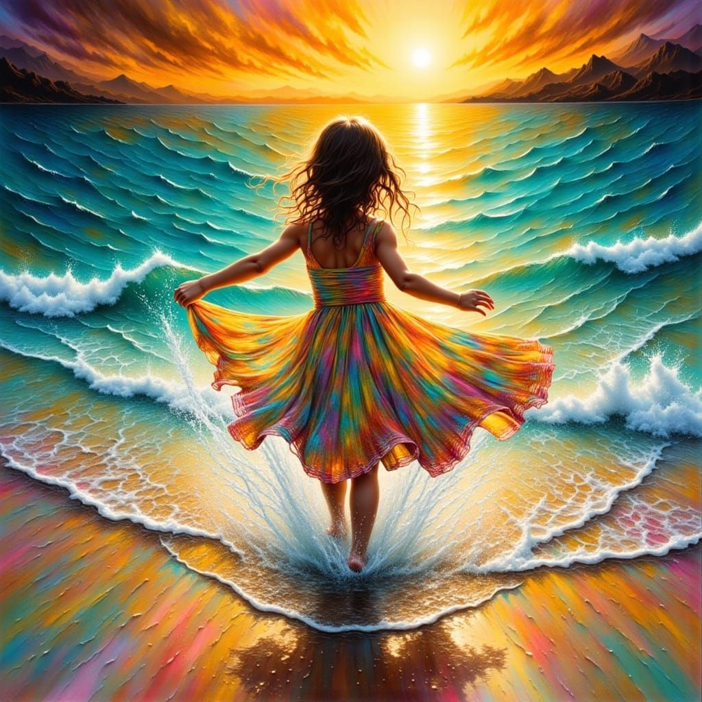 Little Girl Frolicking on a Dreamlike Beach