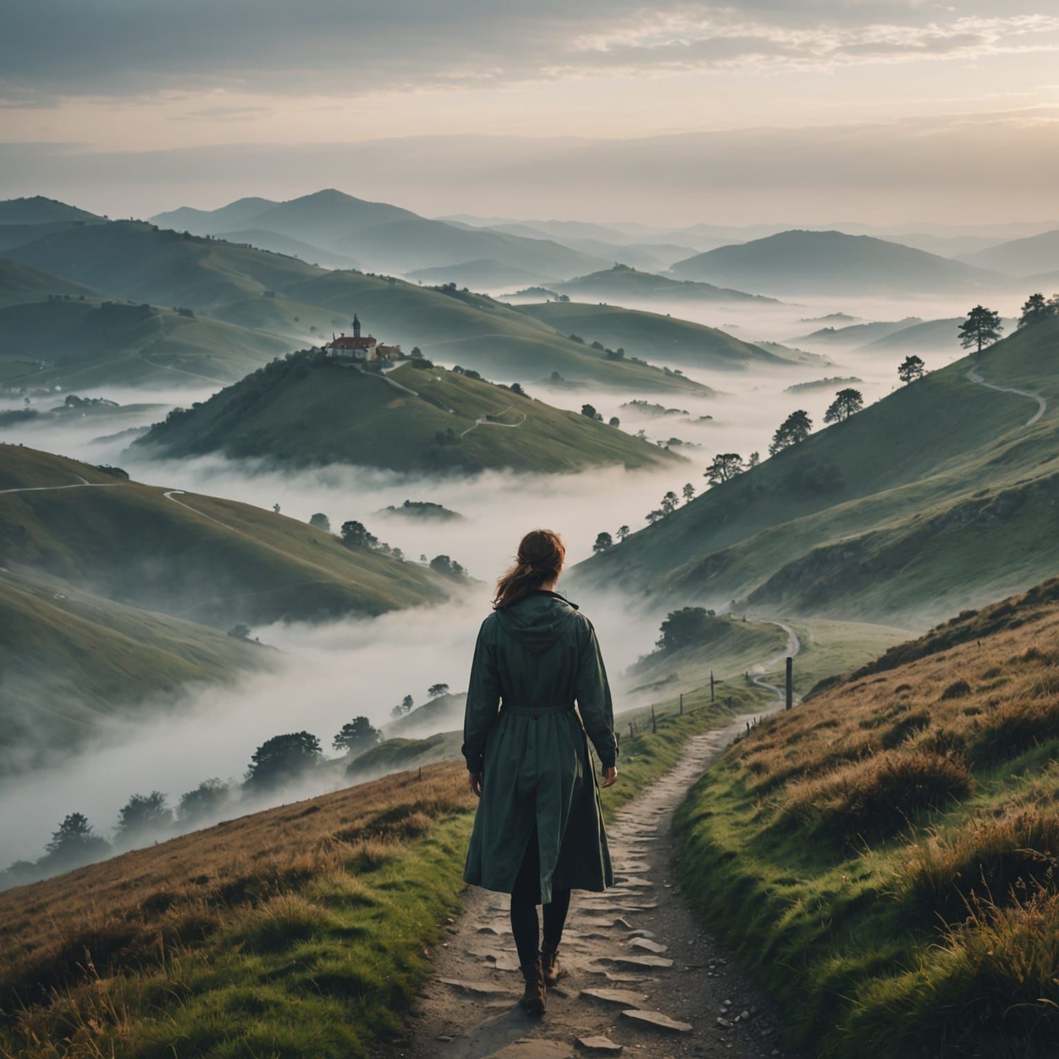 Woman Walking Misty Path Through Rolling Hills