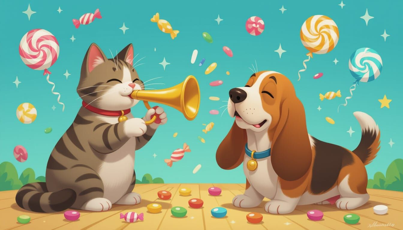 Cat Plays Horn Startling Basset Hound in Candy Art Style