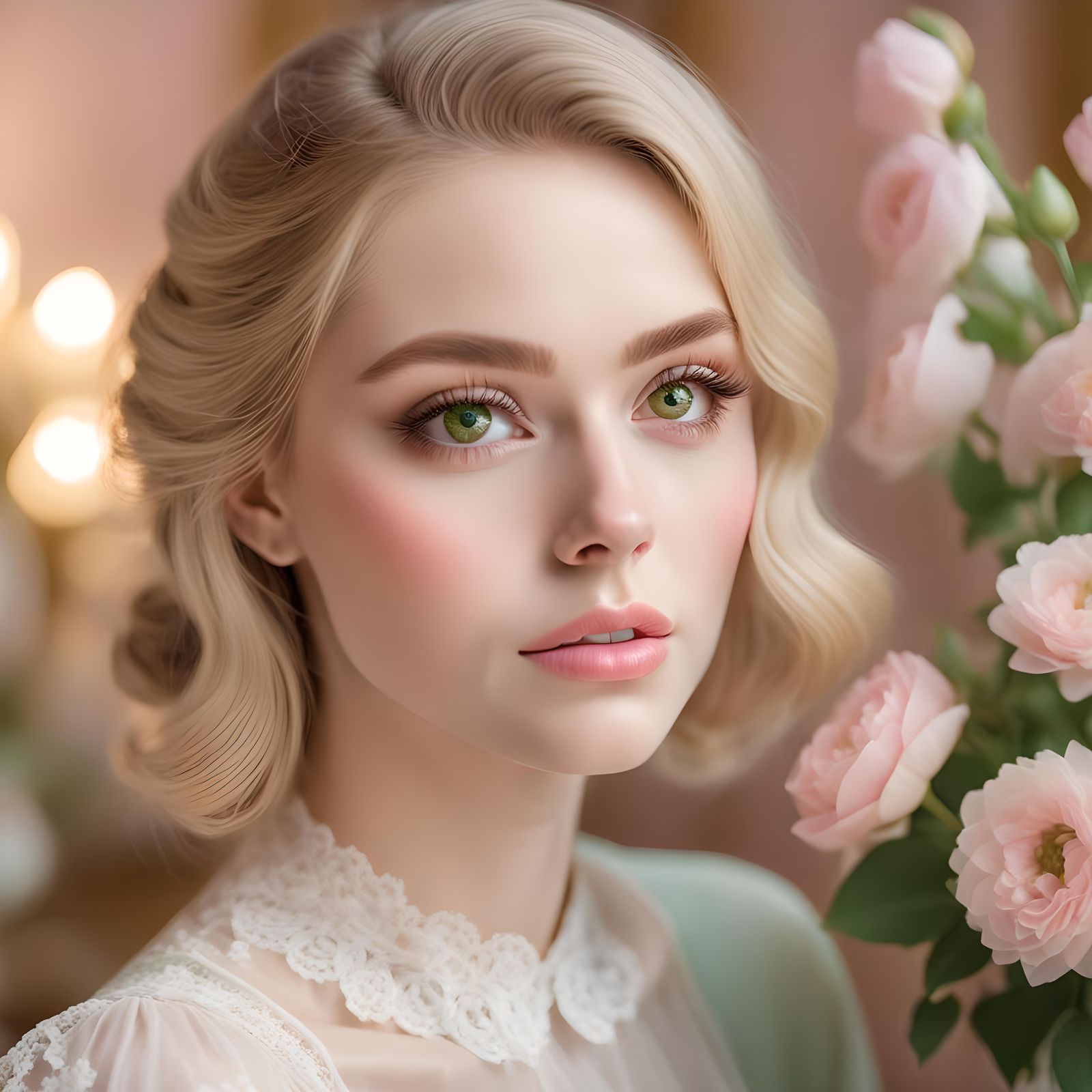 Beautiful Doll-Like Girl with Green Eyes and Curls