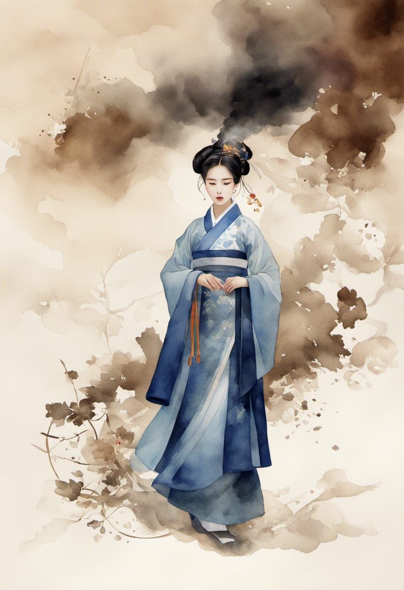 Korean Woman in Traditional Dress, Watercolor Art Nouveau