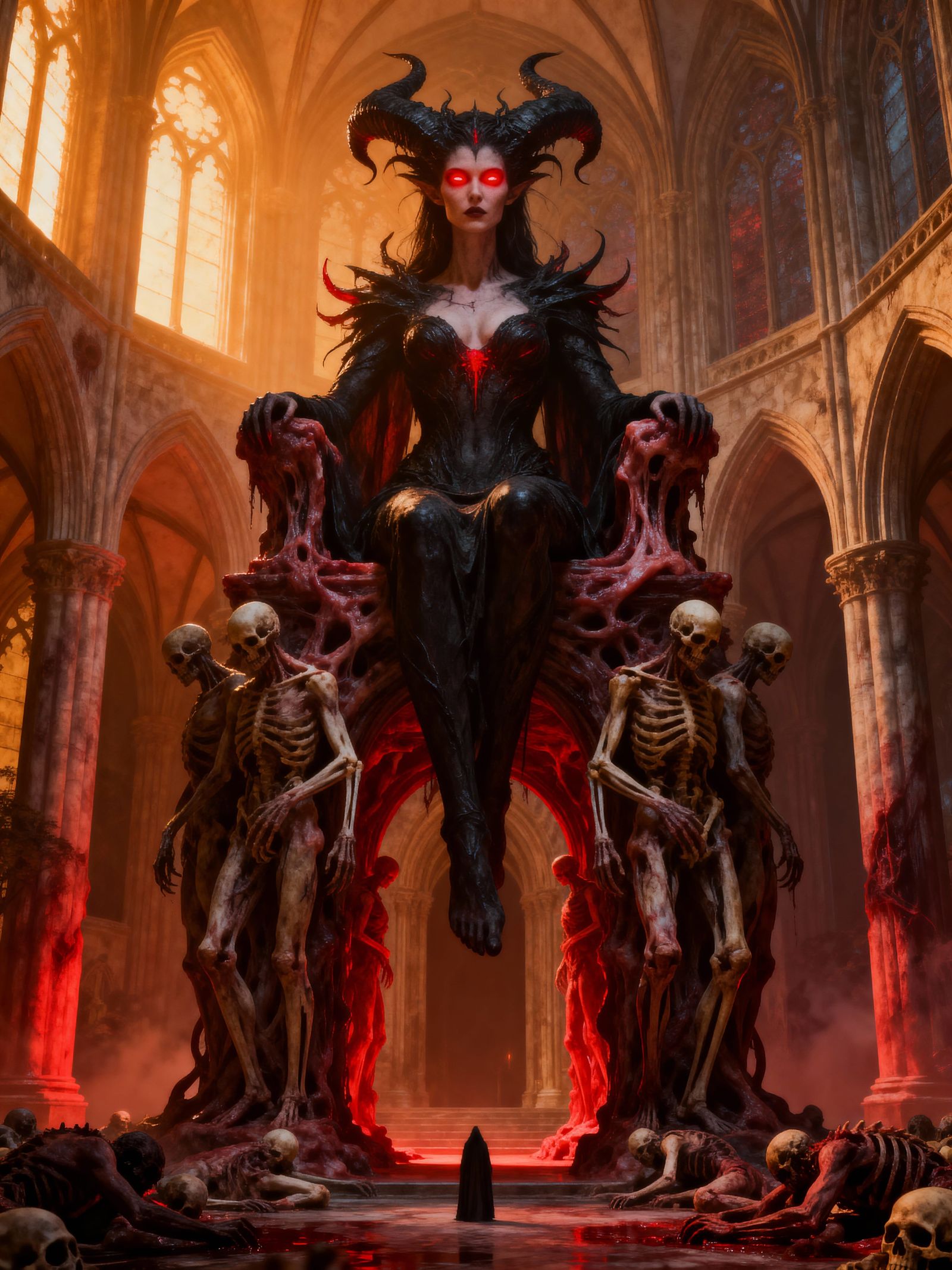 Dark Goddess Lilith on Flesh Throne in Macabre Cathedral