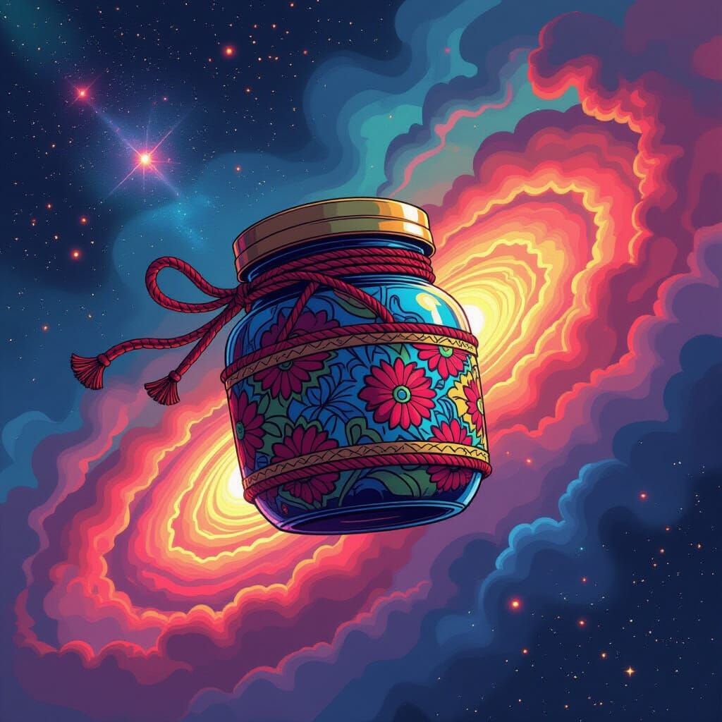 Jar Drifting Through Nebula in Comic Book Style