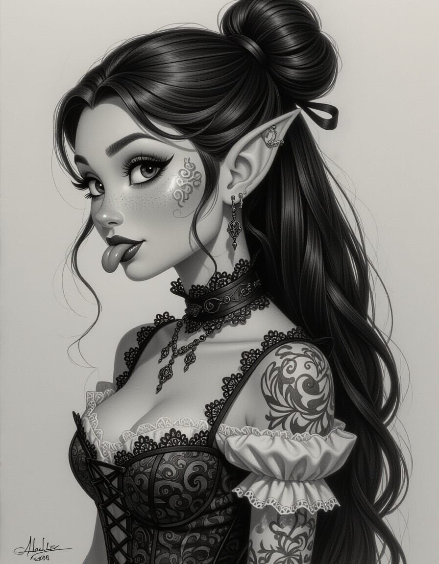 Goth Goblin in Lace Dress, Pencil and Charcoal Style