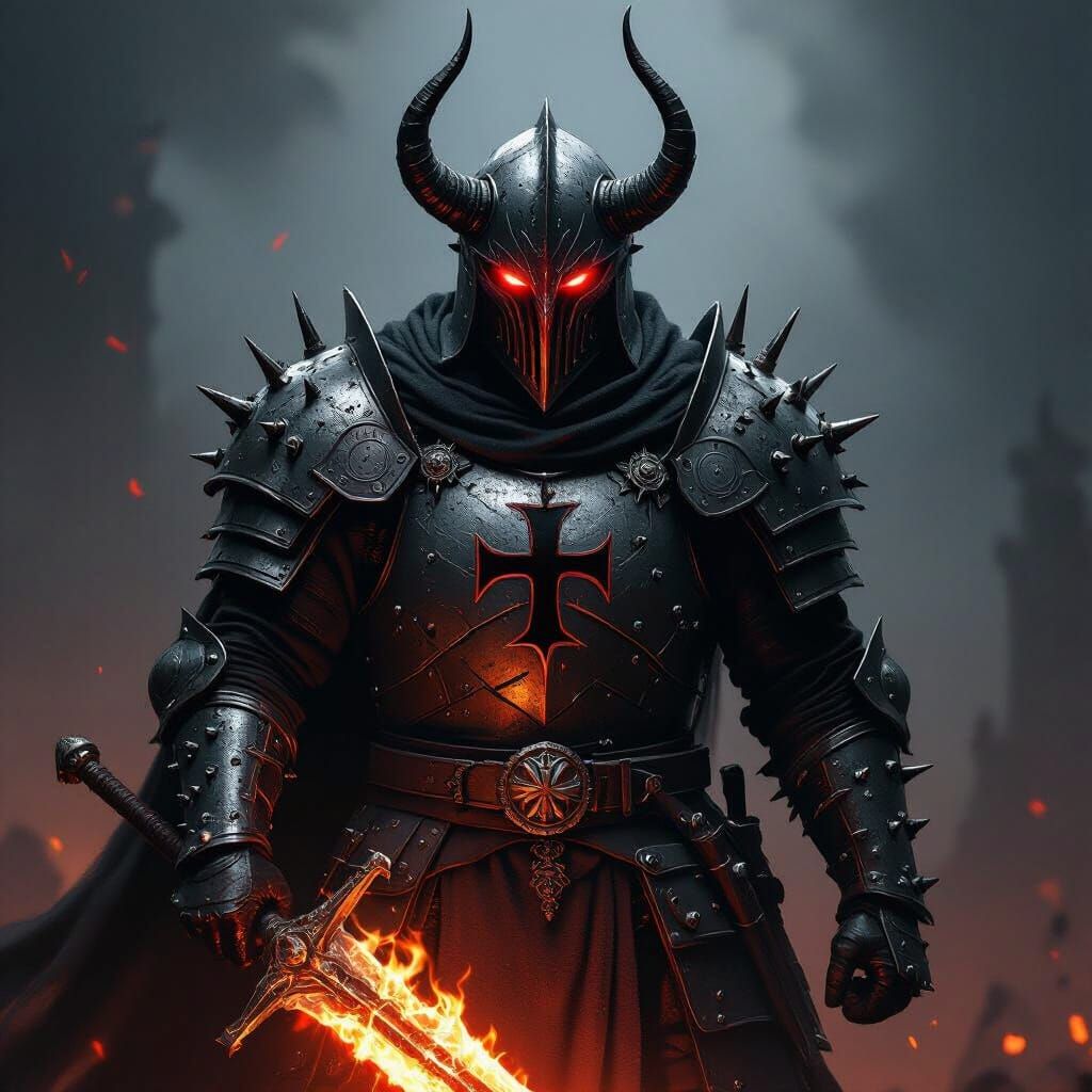 Medieval Warrior with Flaming Sword and Glowing Eyes