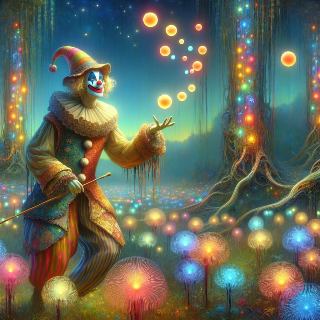 Whimsical Clown Juggles Light Orbs in Ethereal Forest