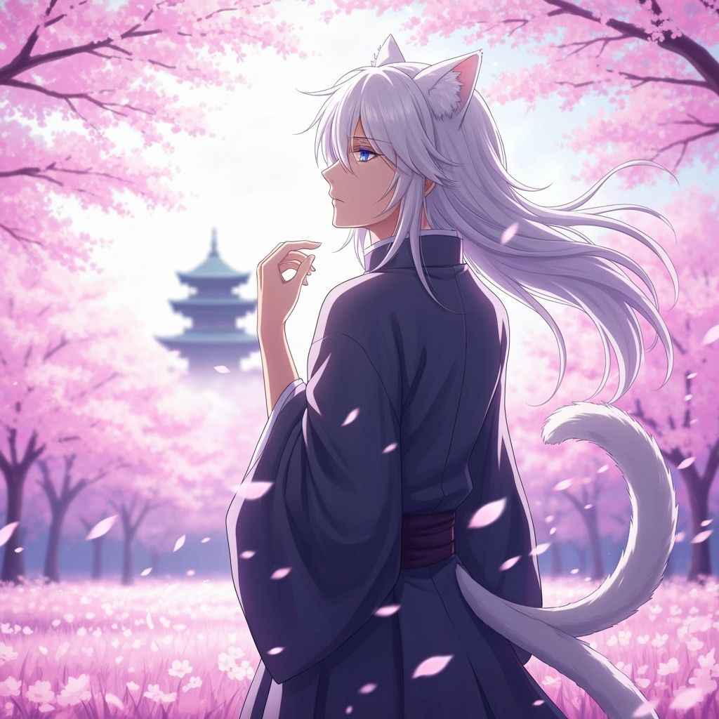 Anime Man in Cherry Blossom Field with Temple View