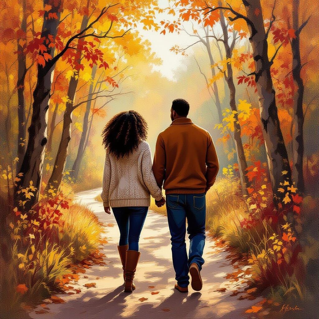 African American Couple Walks Wooded Trail in Vivid Oils