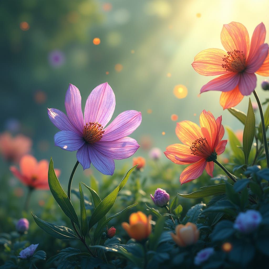 Whimsical Springtime Landscape in Vibrant, Iridescent Colors