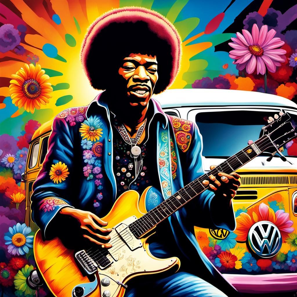 Hendrix in Flower Power Style: Hyperrealistic Splash Art