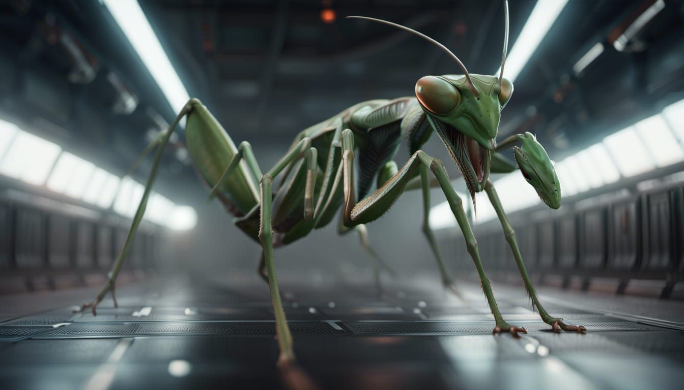 Praying Mantis Alien in Spaceship Corridor