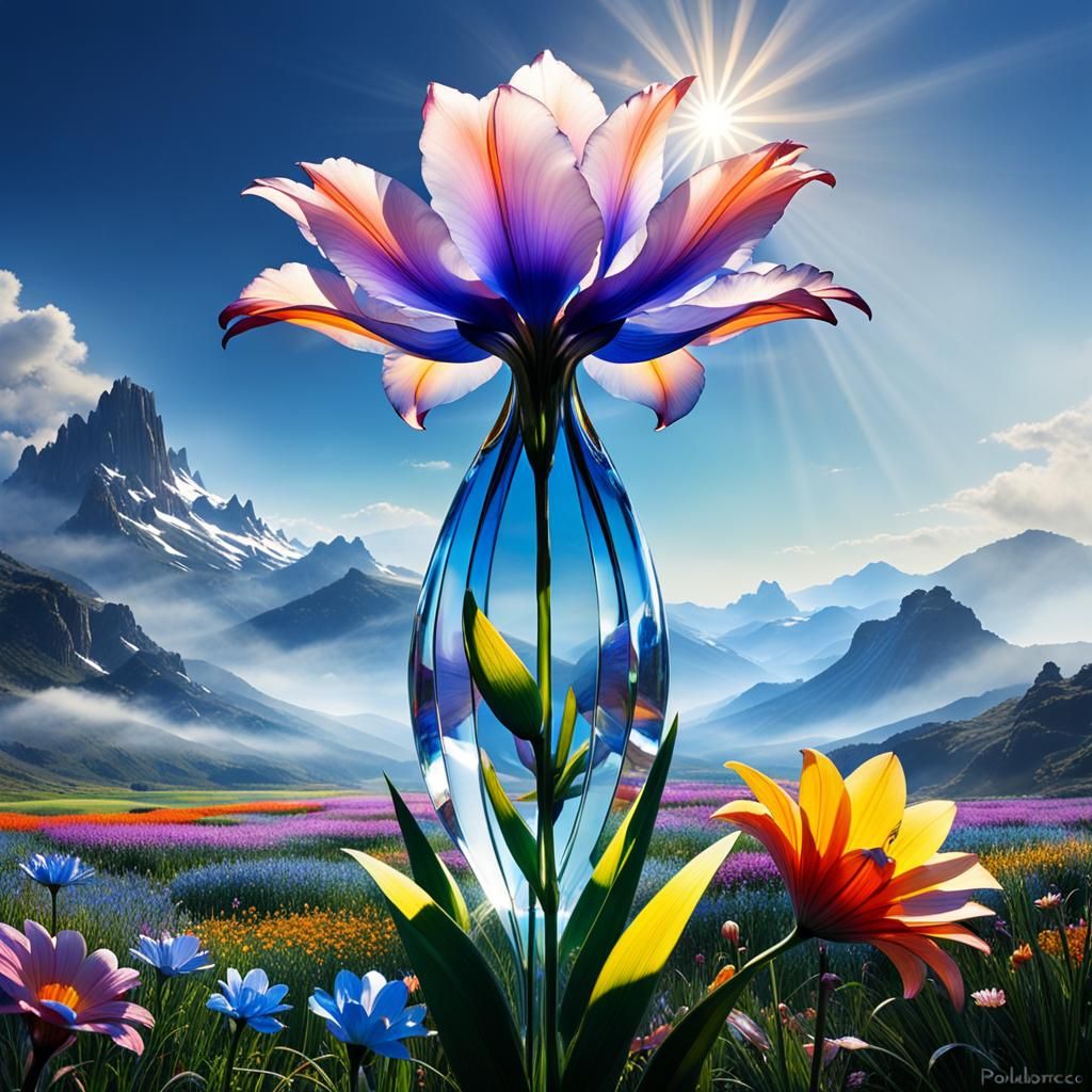 Transparent Crystal Lily in Dreamlike Landscape