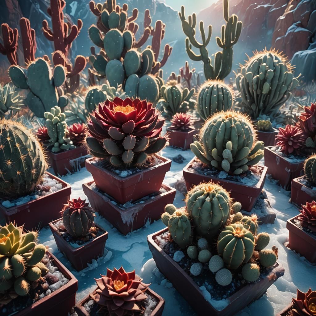 Burgundy Cactus in Frozen Pots: Mystical Display