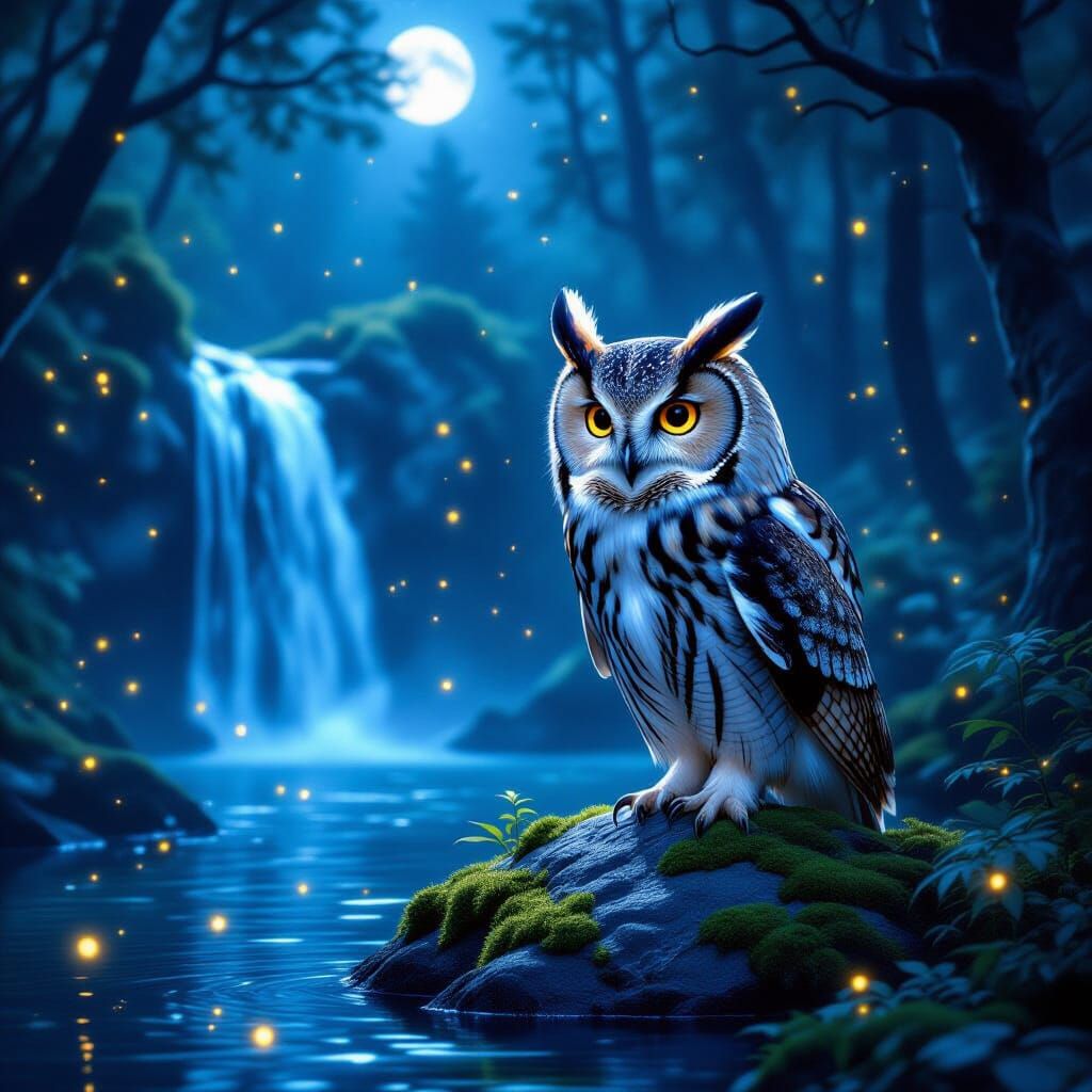Glowing Owl by Mystical Waterfall in Enchanted Forest